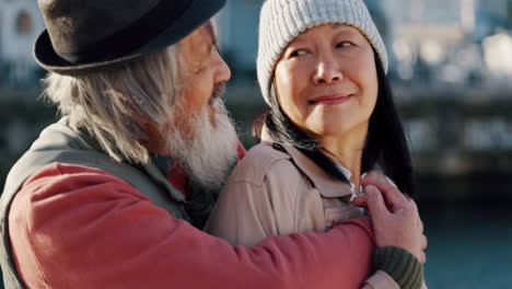 love, hugging and senior asian couple in the city