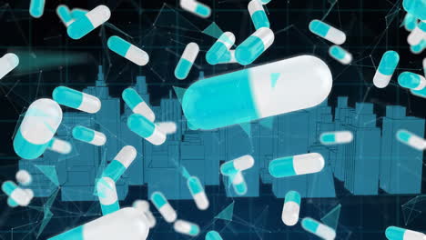 animation of network of connections and pills icons over digital city on black background