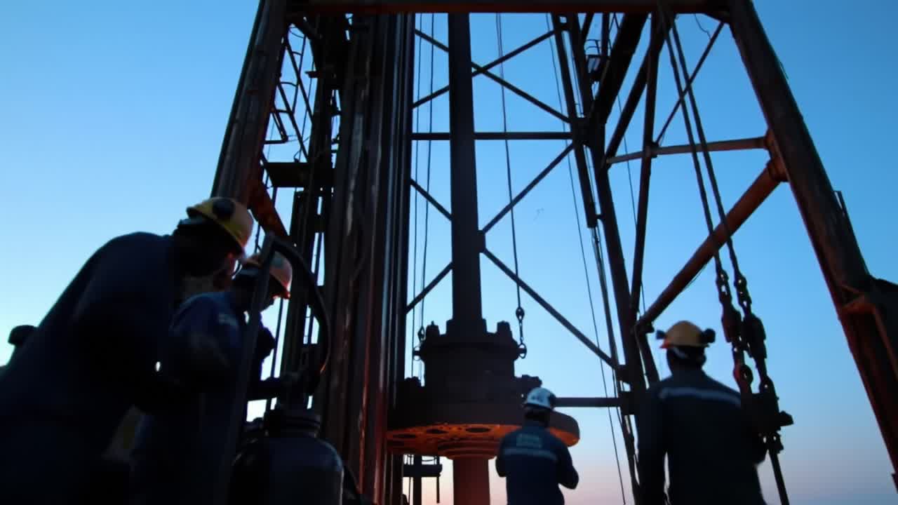 Team of Workers Operating a Drilling Rig at Dusk, Highlighting the Coordination and Expertise Required in Oil Extraction Operations