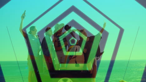 at beach, people relaxing with geometric shapes animation overlaying scene