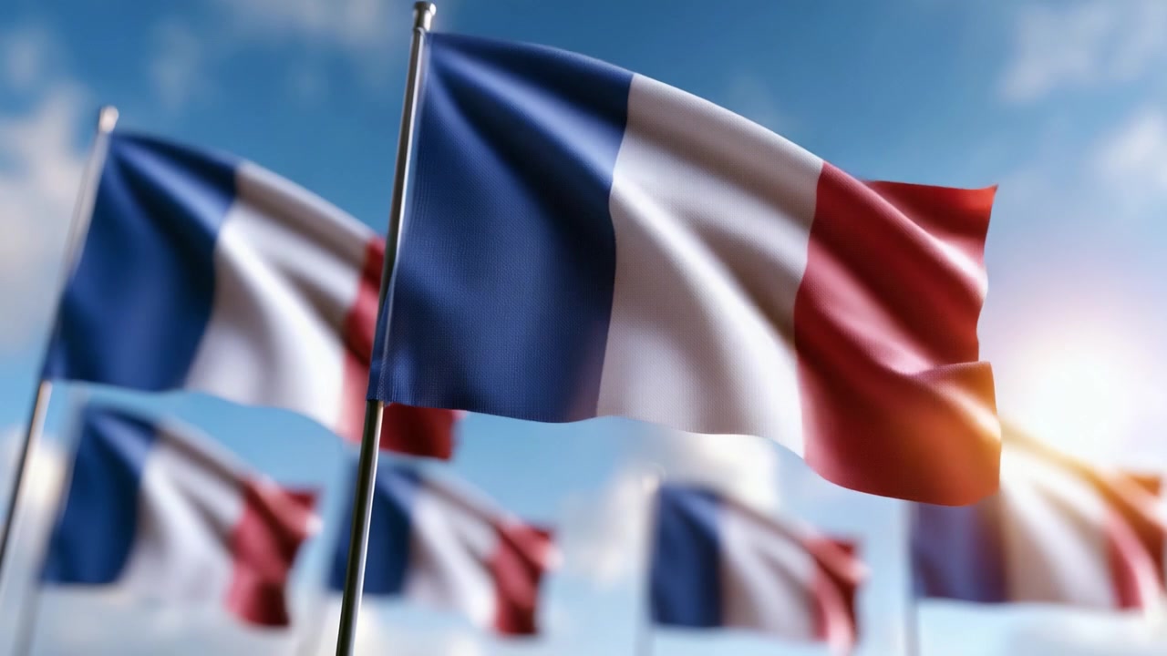 Levende udstilling af franske flag, der blafrer i brisen mod en lys himmel, symboliserer enhed, national stolthed og kulturarv.