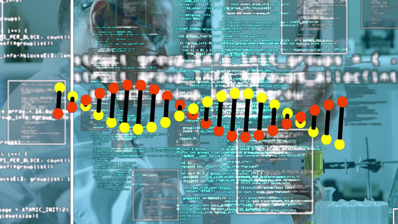 Animation of science data processing over scientist in laboratory