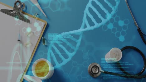 Animation-of-dna-strand-and-data-processing-over-pills-and-stethoscope