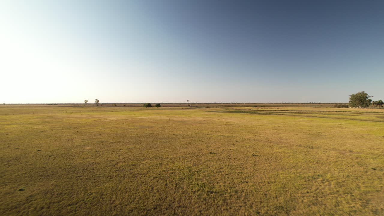 Panoramic Flyby over Arid Plain Approaching an Windmill, Buenos Aires, Argentina