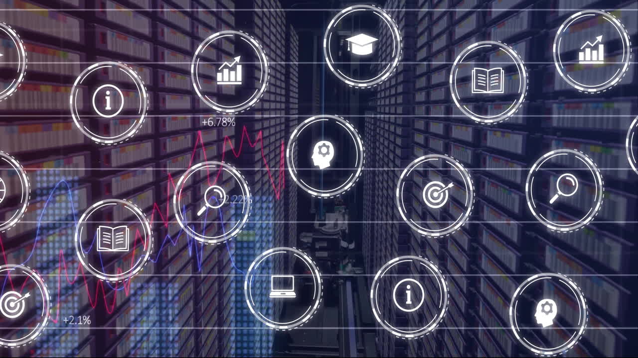 Animation of business icons and diagram over server room