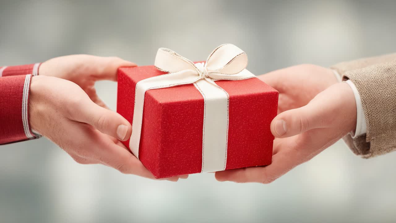 La gioia di donare: due mani che si scambiano un regalo rosso splendidamente incartato con un nastro bianco, simboleggiando la generosità e i momenti di festa.
