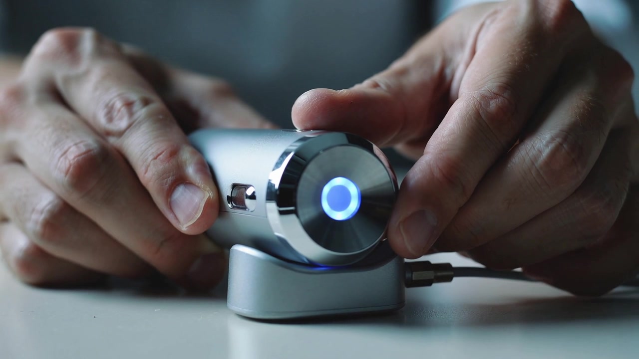 Approaching adult hands positioning metal tube with blue LED ring onto desk dock for USB charging