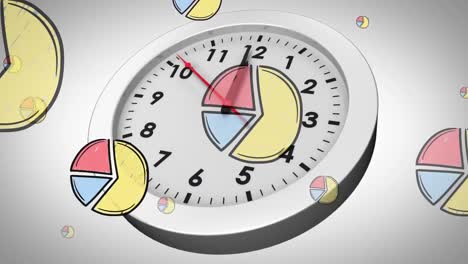 animation of multicolored pie chart icons over analog clock against white background