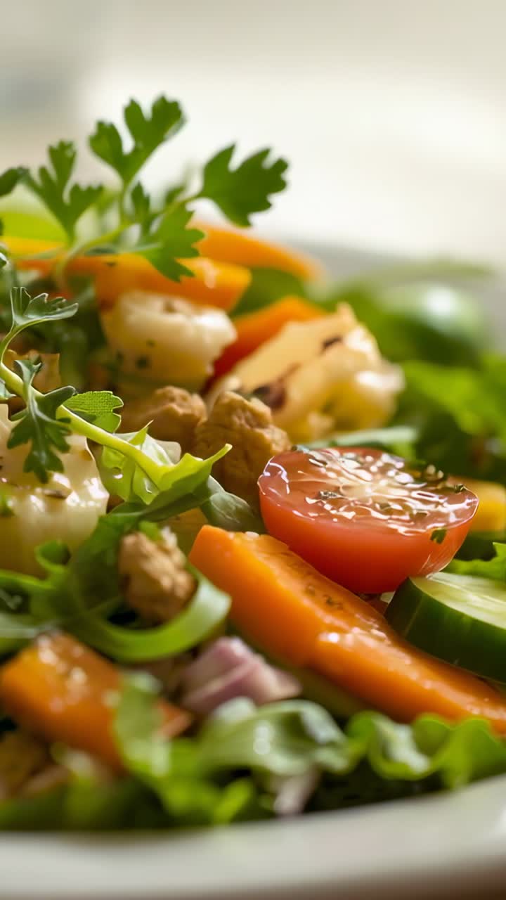 Vertical video: Upon opening camera panning over salad in kitchen revealing cherry tomatoes