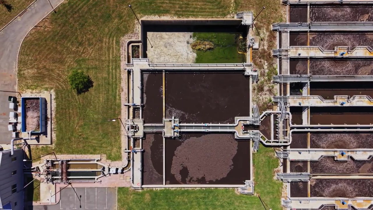 Wastewater treatment facility shows different stages of water processing
