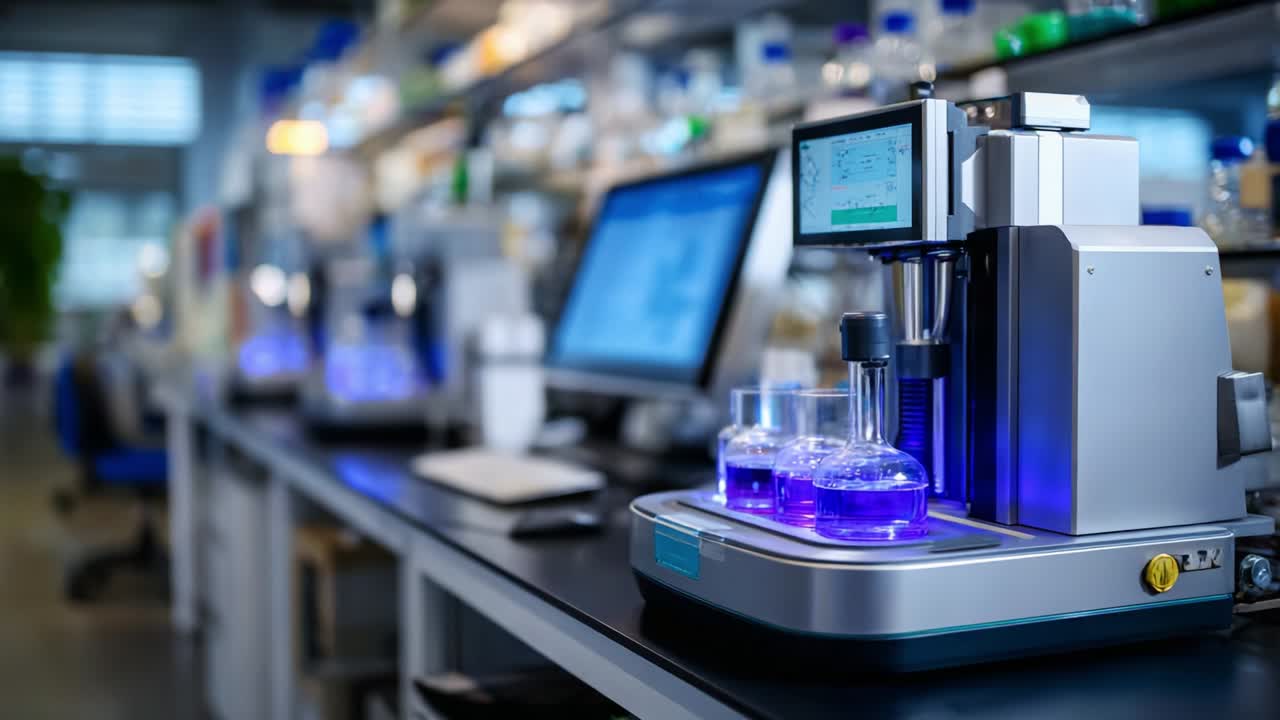 Advanced laboratory equipment showcases cutting-edge technology utilized for scientific research and experimentation, featuring a sleek design with illuminated beakers and monitors in a high-tech environment