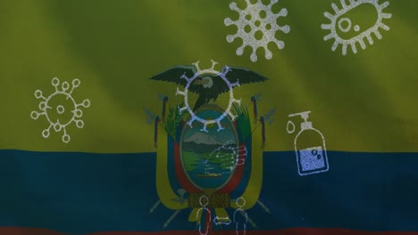 Animation-of-covid-19-virus-cells-and-digital-icons-over-flag-of-ecuador