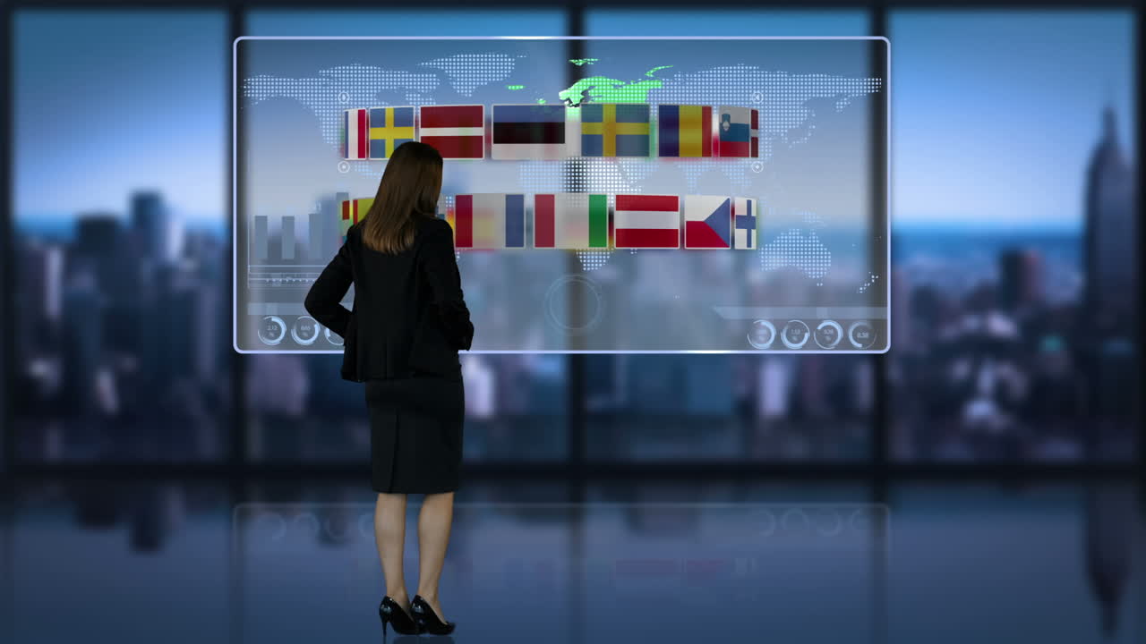 mujer de negocios mirando las banderas nacionales