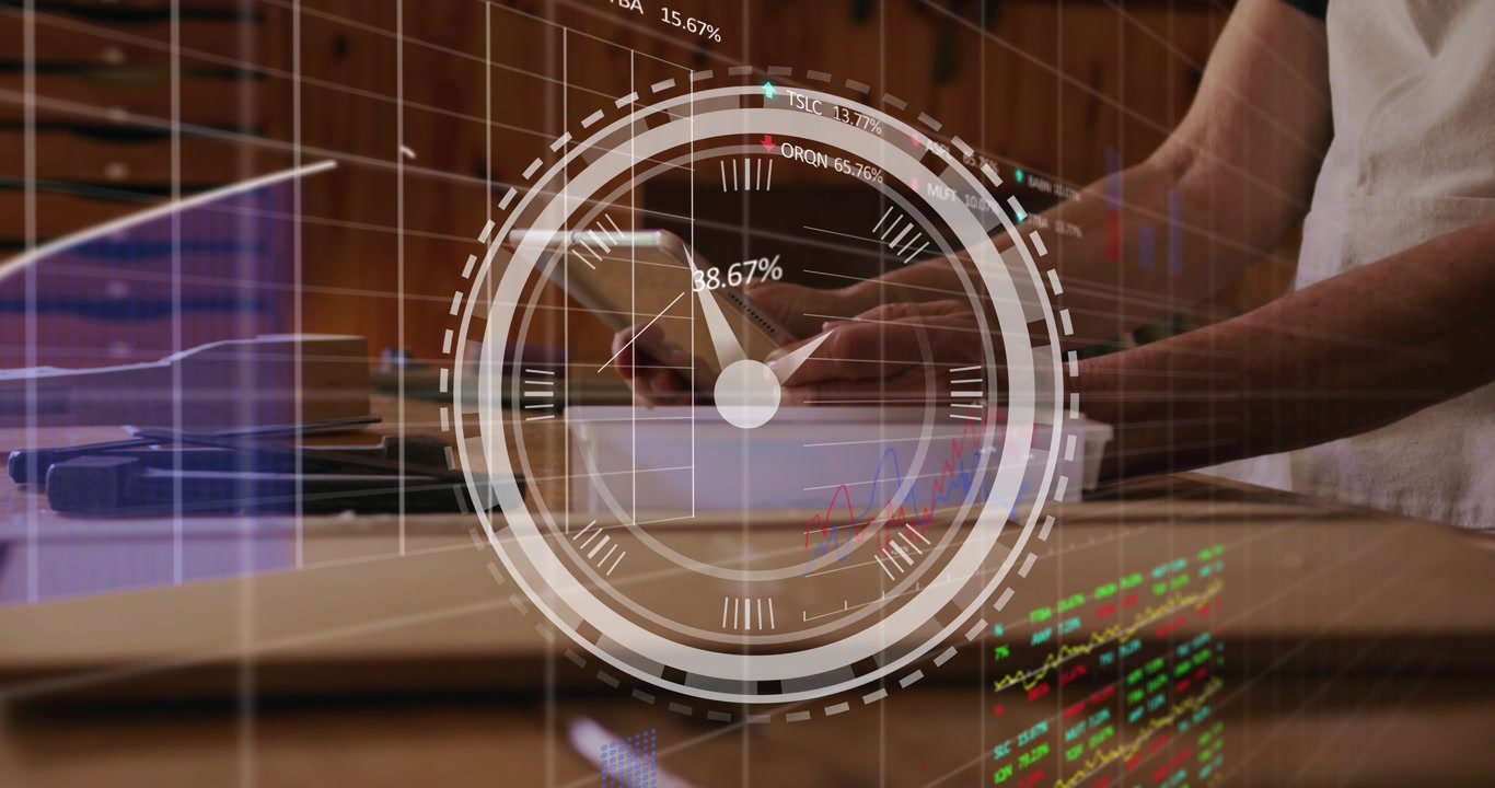 Aproned worker tapping tablet on bench, HUD charts growing over hands, seated user checking finance