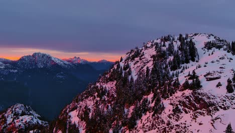 snowy mountain peaks, dramatic, colorful sunset sky