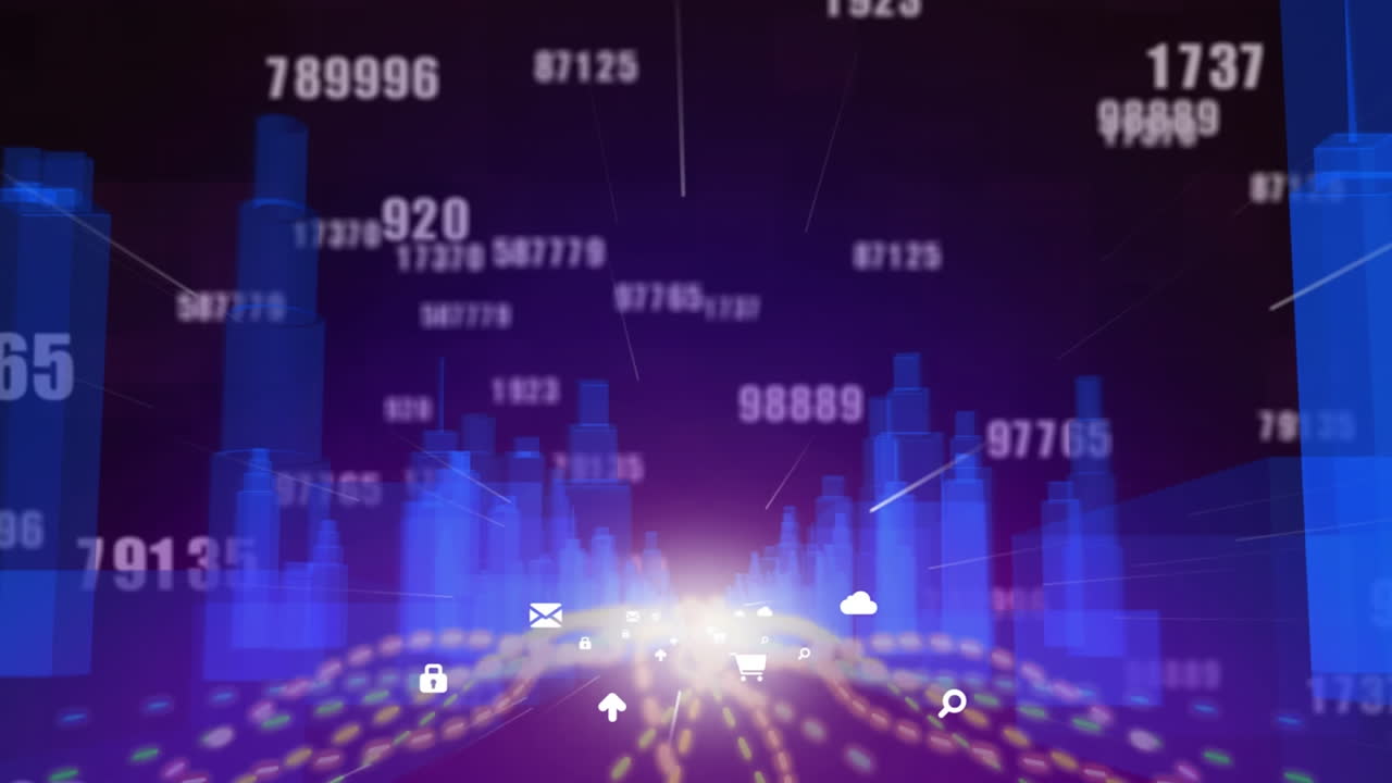 검은색 배경에 있는 데이터 처리 및 도시의 애니메이션