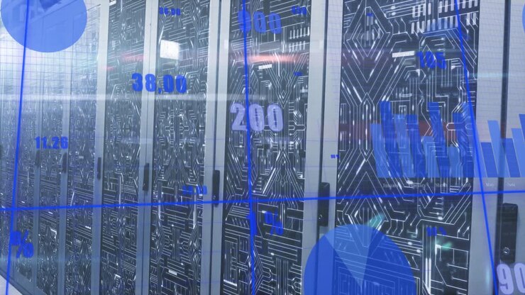 Animation of financial data processing over server room
