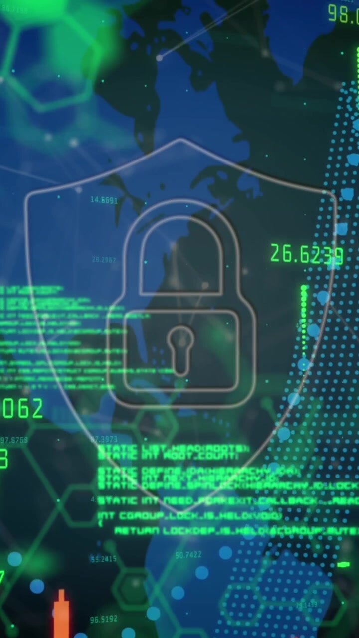 Icona di lucchetto di sicurezza e strutture chimiche su sfondo di elaborazione dati finanziari e mappa del mondo