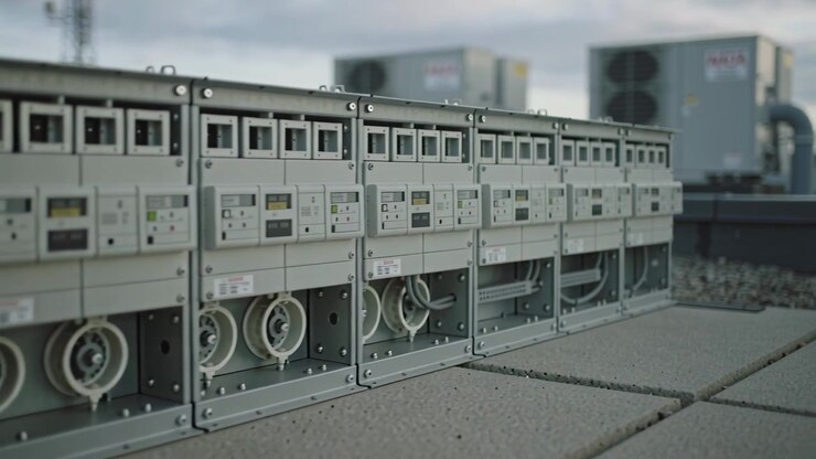 Panning camera moving rightward forward across rooftop, showing electrical rack, fan housings