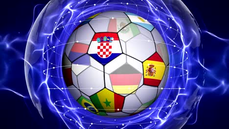 soccer ball and world flag in blue abstract particles ring, animation, background, loop