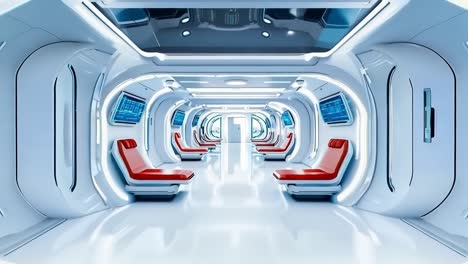 a futuristic space station with red and white seats