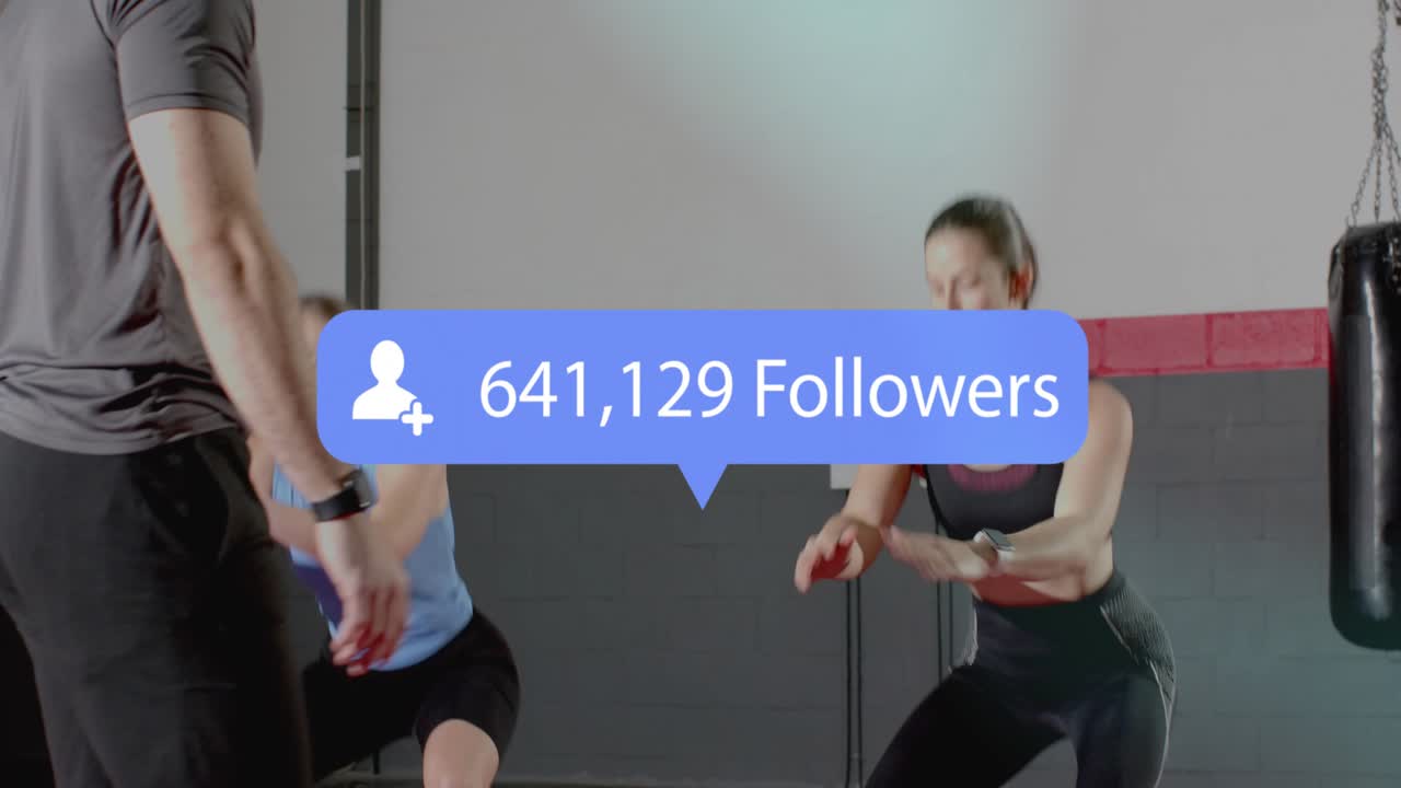 Two women starting rope skipping in gym, followers overlay growing reach while coach guiding squats