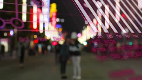 Animation-of-statistical-data-processing-against-blurred-view-of-people-walking-in-the-city-at-night