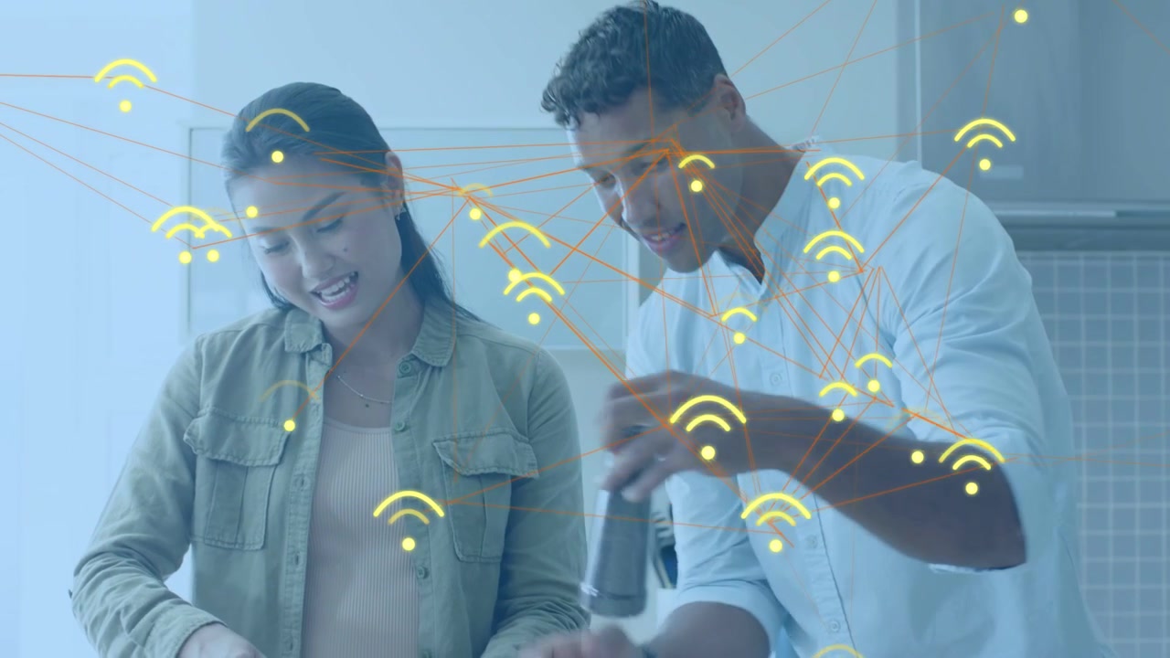 Mujer y hombre revolviendo y moliendo tras revisar el smartphone, con una superposición Wi-Fi amarilla guiando la preparación de la comida