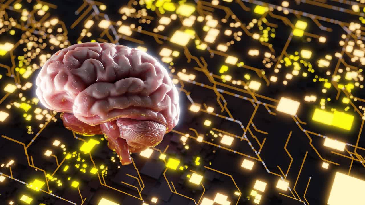 Human brain model floating over glowing yellow digital circuit background. 3D render of brain and illuminated tech network. Artificial intelligence and neural data flow concept.