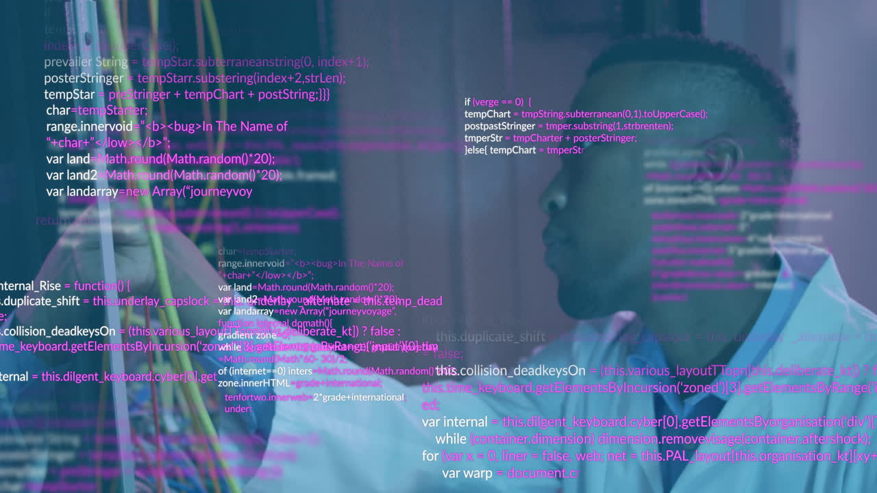 In office, programmer working with animation code on transparent screen