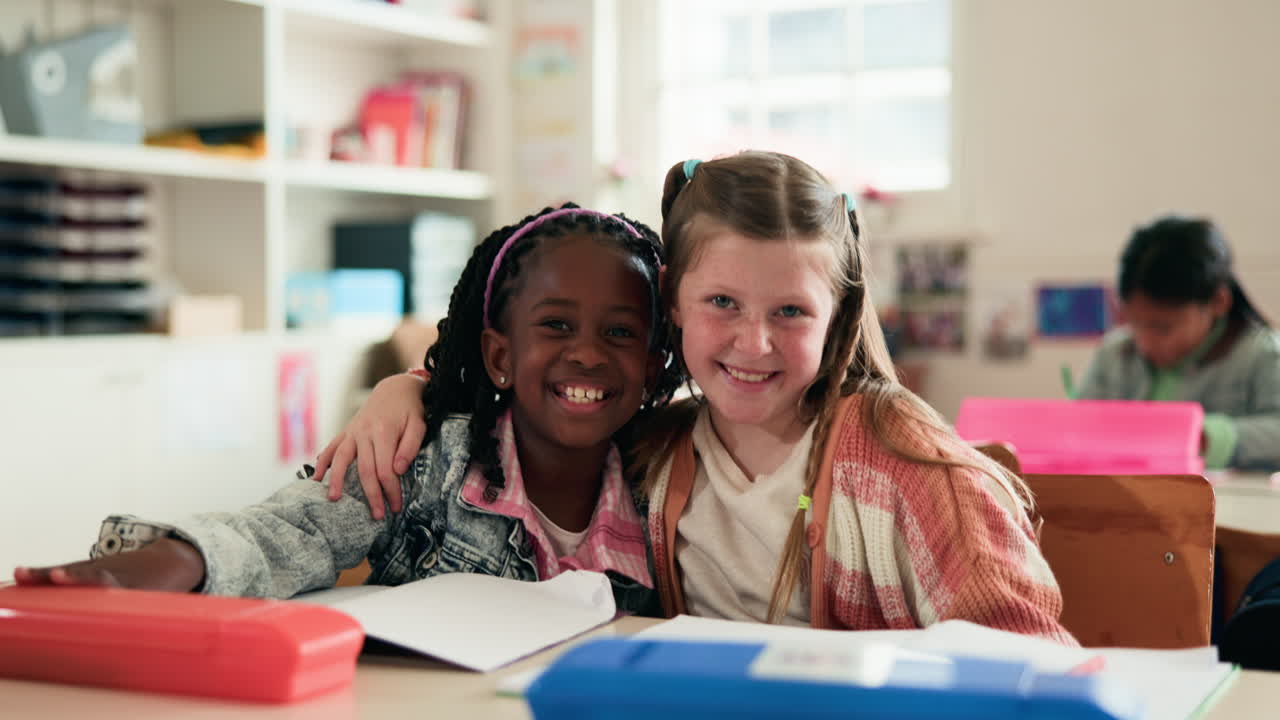 Two Smiling Schoolgirls in Classroom