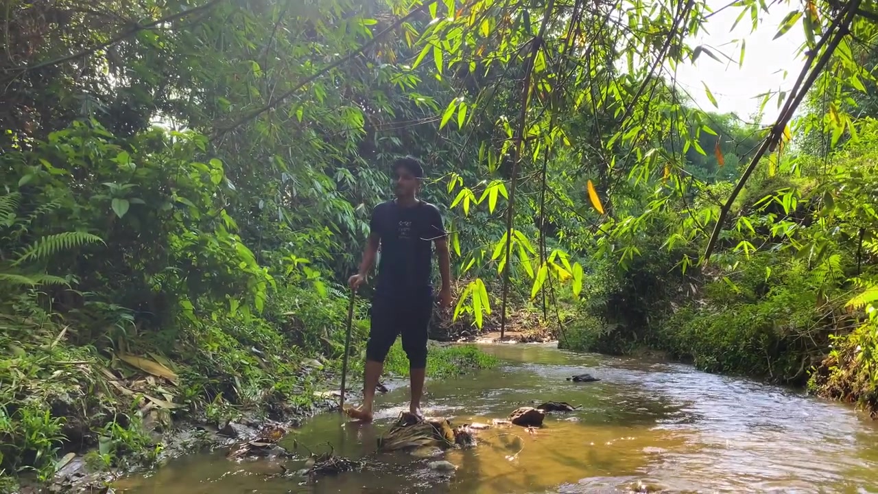 Joven viajero descubriendo la naturaleza caminando descalzo por un arroyo con un palo en la mano. La cámara se inclina hacia el agua