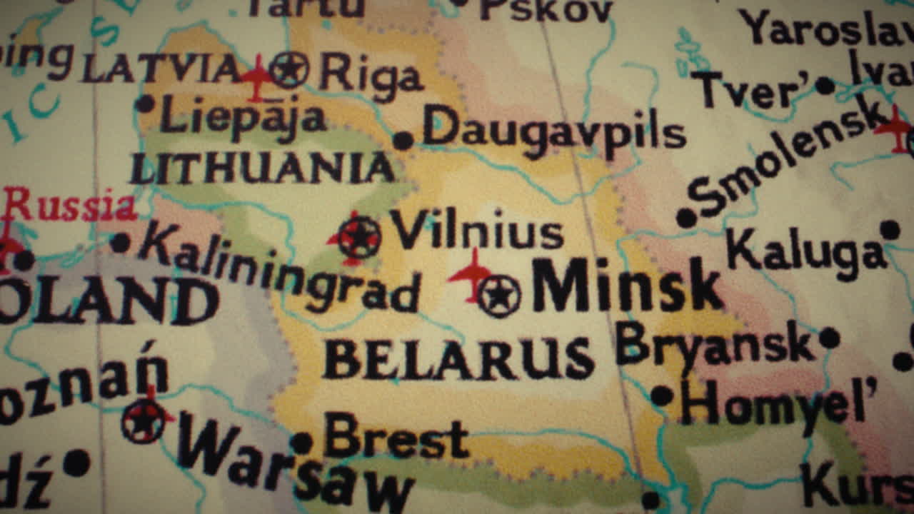 A close-up view of a map showing countries and cities in Eastern Europe