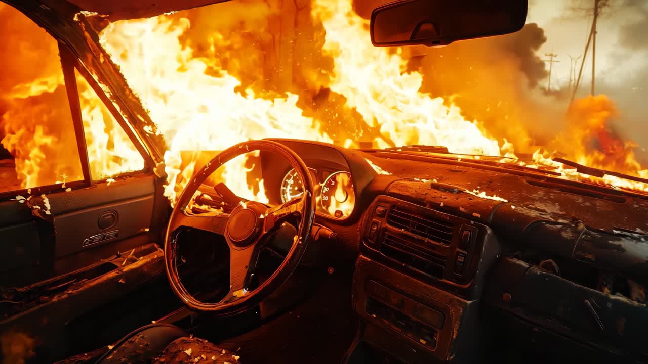 불 중간 에 있는 차 가 불꽃 에 싸여 있다