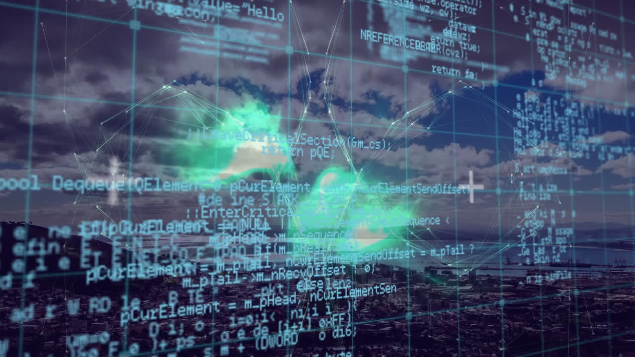 도시 풍경 위의 연결 및 데이터 처리 세계관의 애니메이션