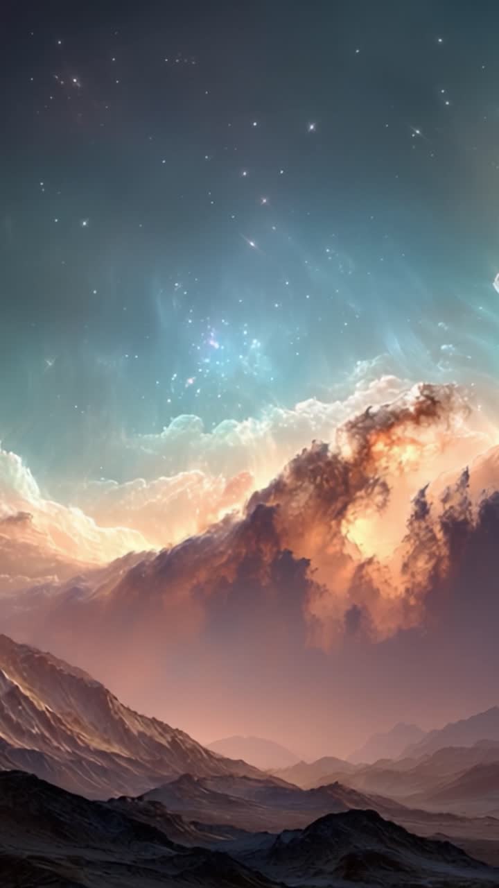 A Captivating Cosmic Landscape: The Fusion of Mountains, Clouds, and Stars Beneath a Dreamlike Sky Full of Color and Ethereal Light