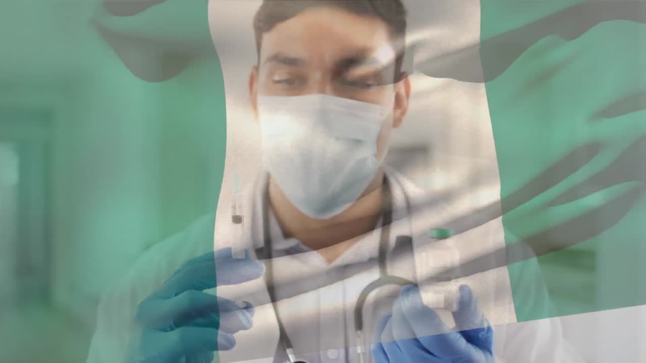 animación de la bandera de nigeria ondeando sobre el médico con máscara facial y con la vacuna en la mano