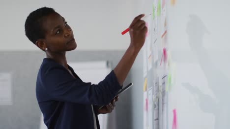 african american businesswoman thinking and making notes on whiteboard