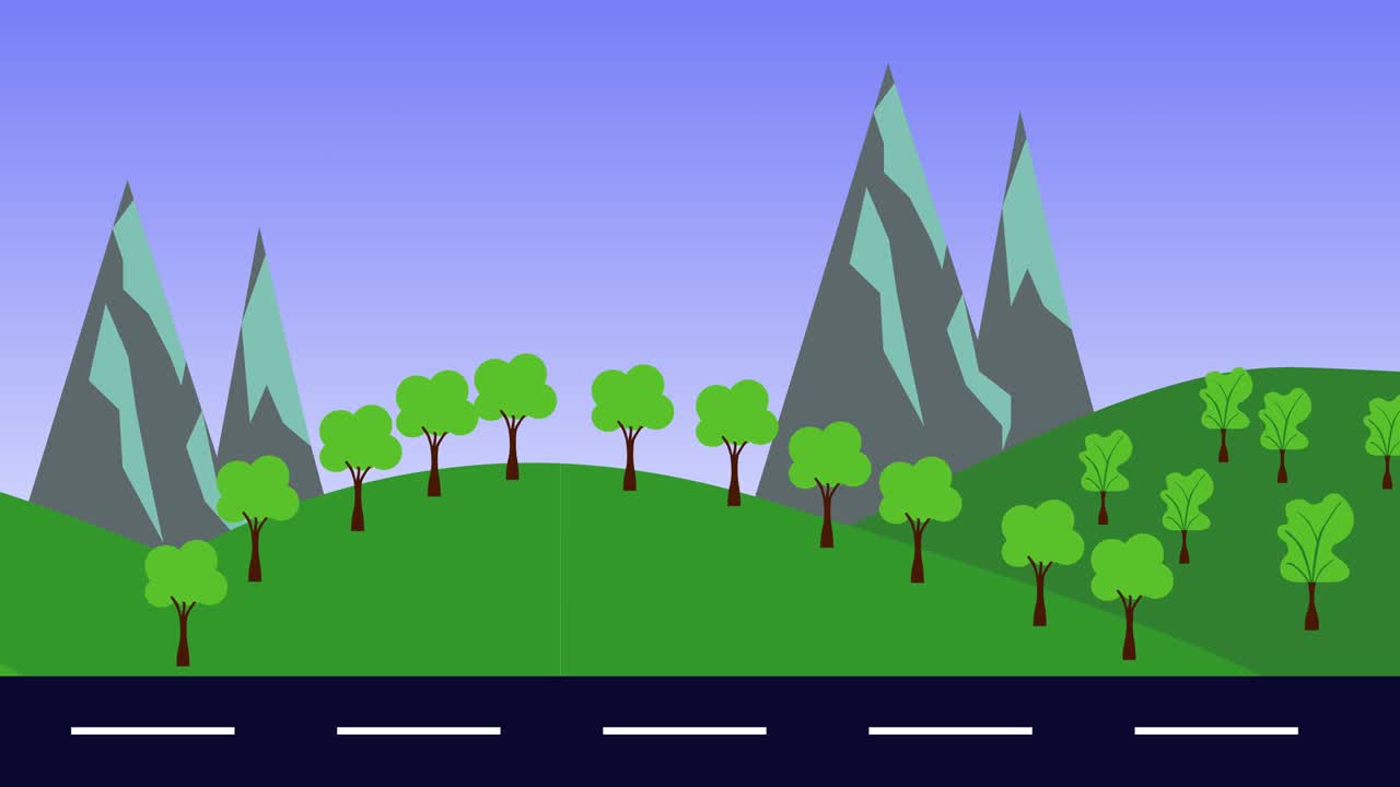 animación de paisajes naturales de colinas, montañas y carreteras, diseño plano, bucle sin costuras