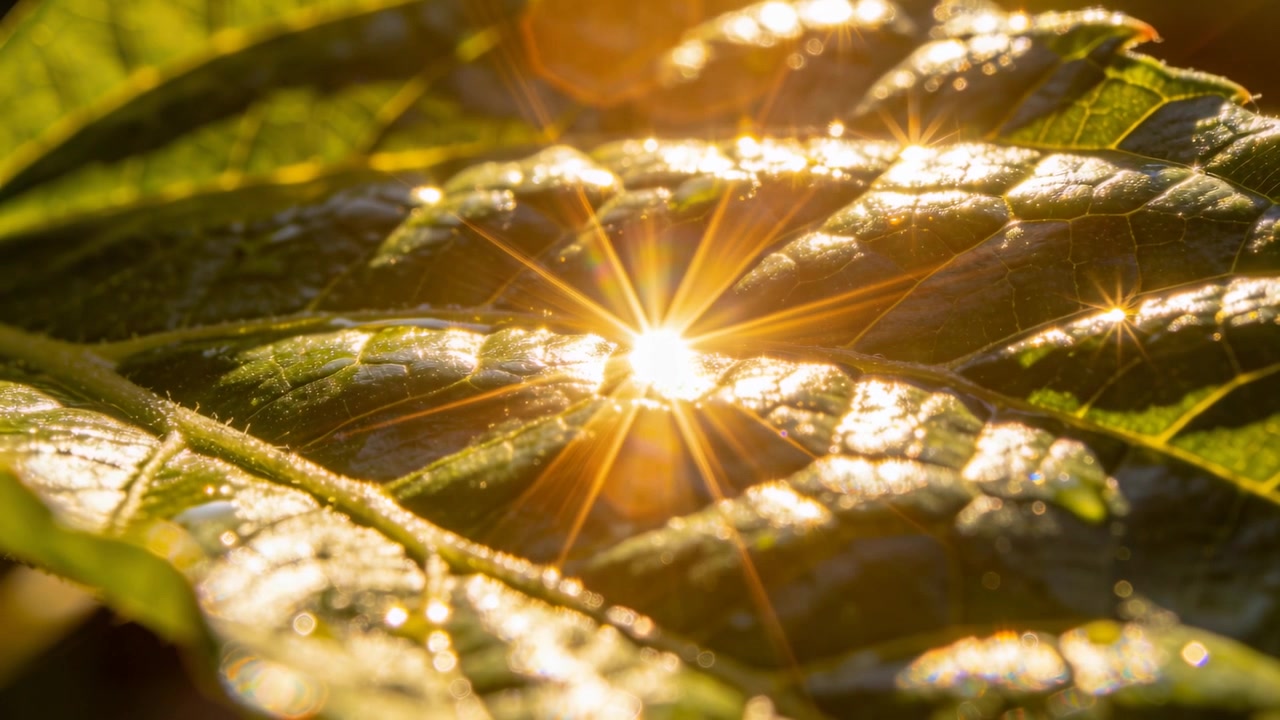 Luce solare mutevole illumina una grande foglia verde sul suolo della foresta, creando riflessi a raggiera sulla rugiada.