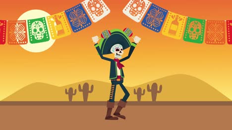 dia de los muertos celebration with mariachi skull and garlands in desert