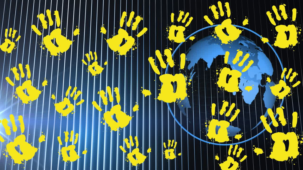 анимация отпечатков рук по всему земному шару на синем фоне