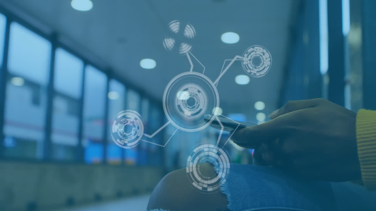 Futuristic digital interface animation over person using smartphone in corridor