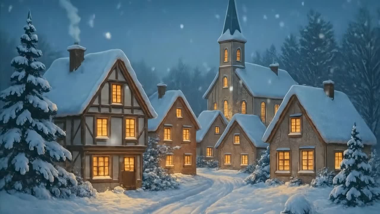 Charming snowy village scene at dusk, captured from a high angle, ideal for a cozy winter video