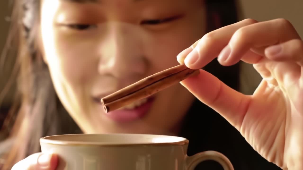 A Moment of Tranquility: Engaging with Nature's Flavors through Cinnamon and Tea, Capturing the Joy of Inner Reflection and Harmony in Daily Life