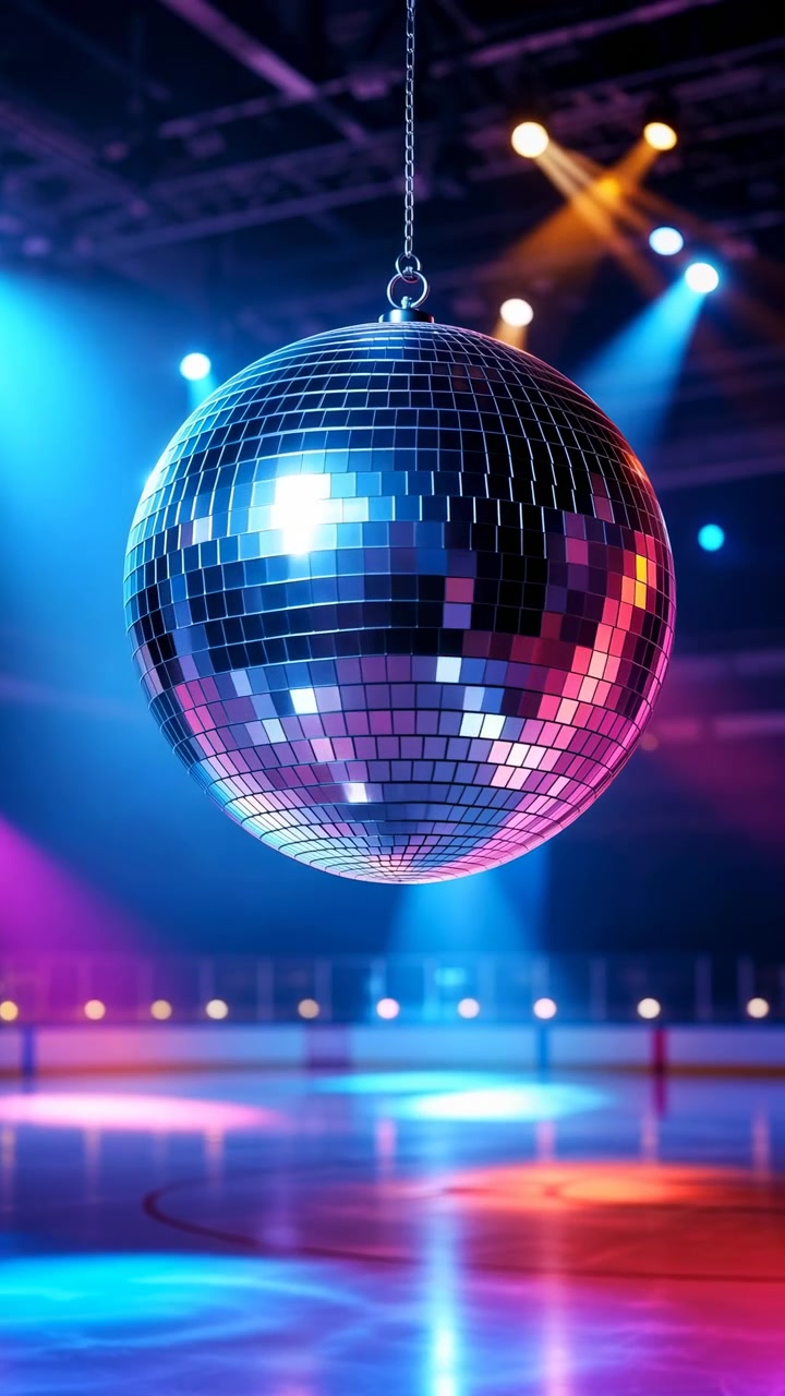Palla da discoteca che riflette la luce e crea riflessi, su un palco con faretti e uno sfondo scuro, con accenti blu e viola, e un'atmosfera vibrante e festosa
