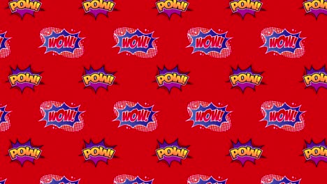 animation of multiple vintage comic cartoon speech bubbles with wow! and pow! text moving