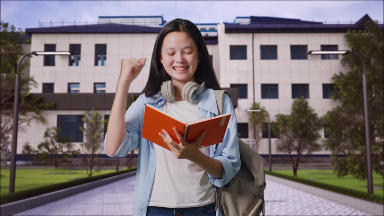 estudiante emocionado en el campus