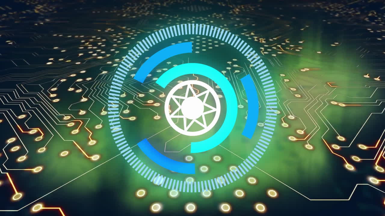 animación de un escáner circular sobre la placa base para el procesamiento de datos sobre un fondo oscuro