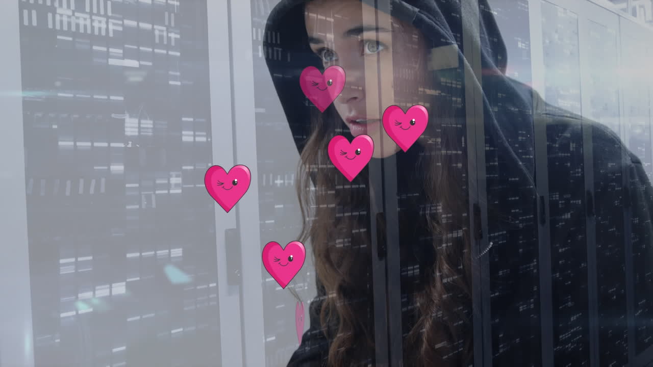 animación de una mujer caucásica hacker y corazones sobre la sala de servidores